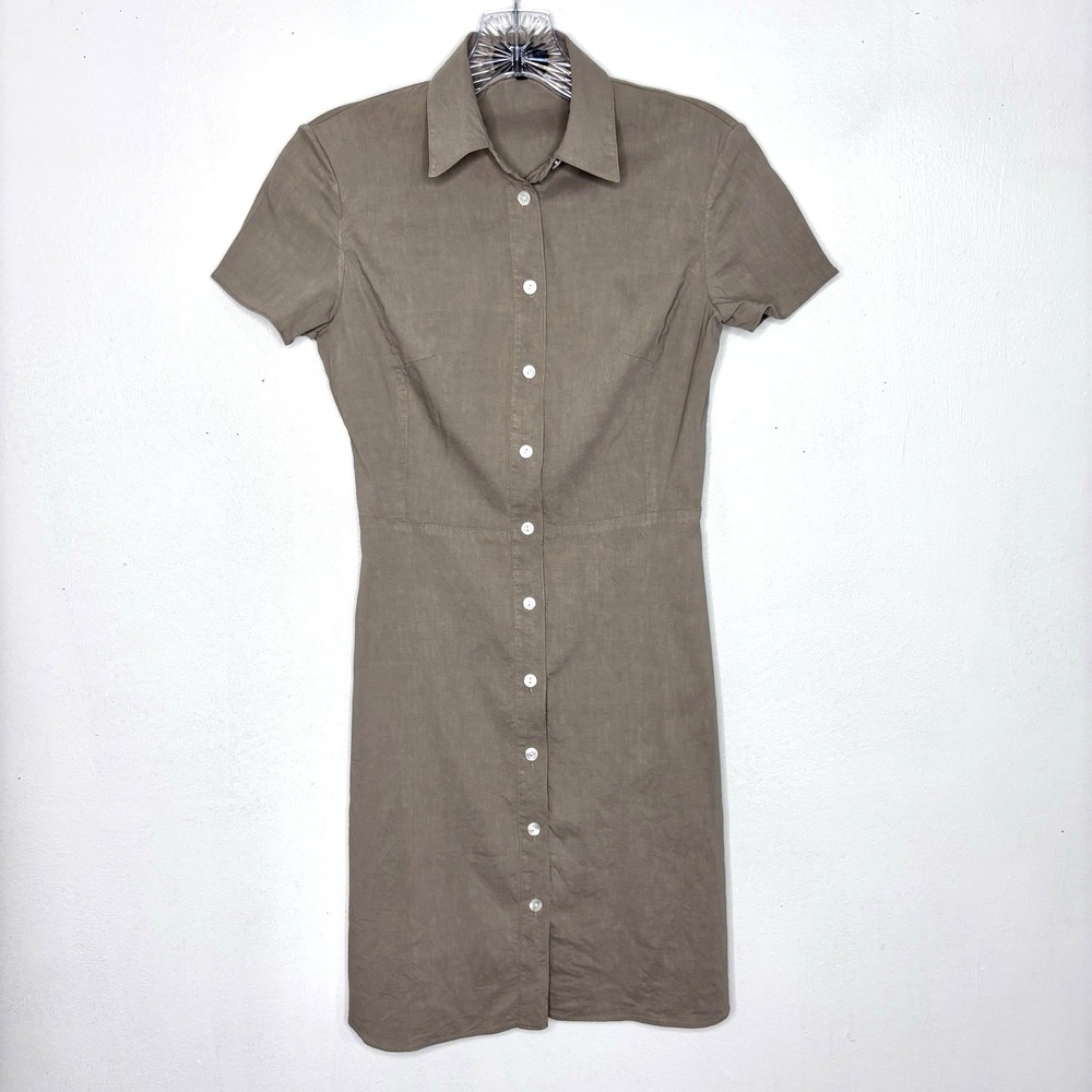 Theory Dress Womens 00 Taupe Linen Blend Button Front Career Office Minimalist